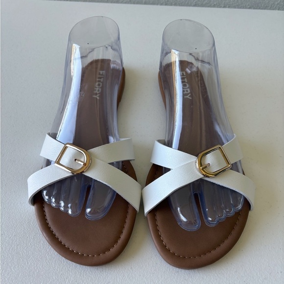 Fitory White Slide Sandals Gold Buckle Size 9 Summer Vacation Beach Cruise - Picture 2 of 9